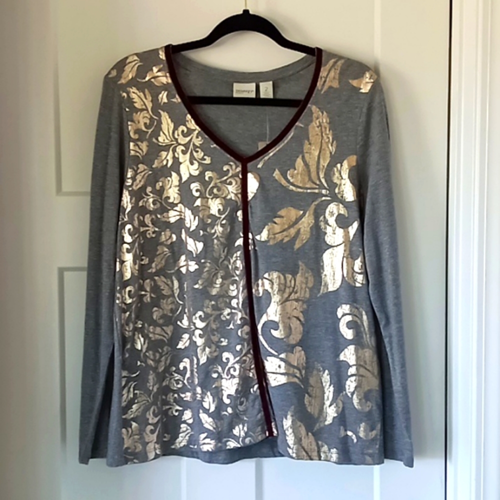 NWT Chico's Zenergy Metallic Design Knit Top Grey Size 2